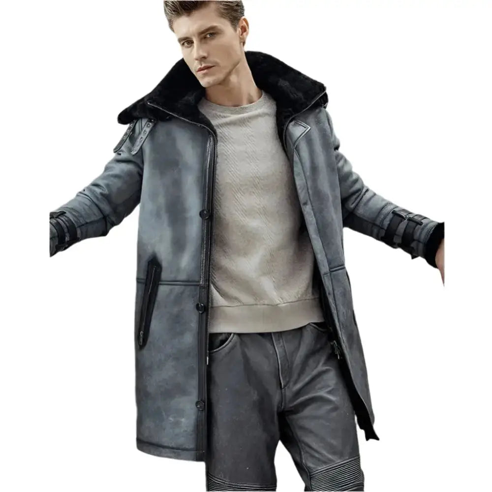 Men’s Metallic Gray Shearling B7 Bomber Long Coat-2
