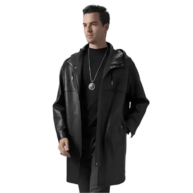 Men’s Black Leather Hooded Coat-0
