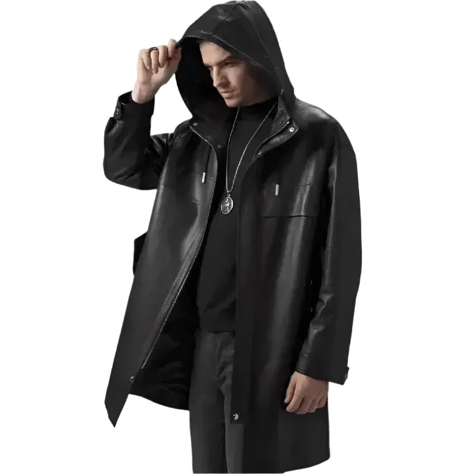 Men’s Black Leather Hooded Coat-1