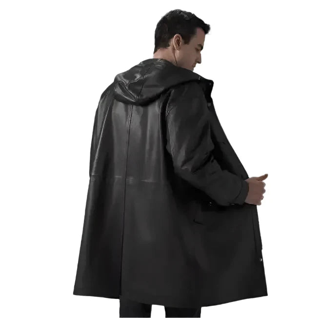 Men’s Black Leather Hooded Coat-2