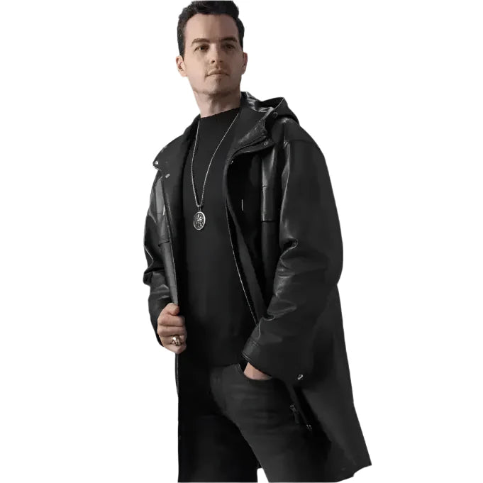 Men’s Black Leather Hooded Coat-3