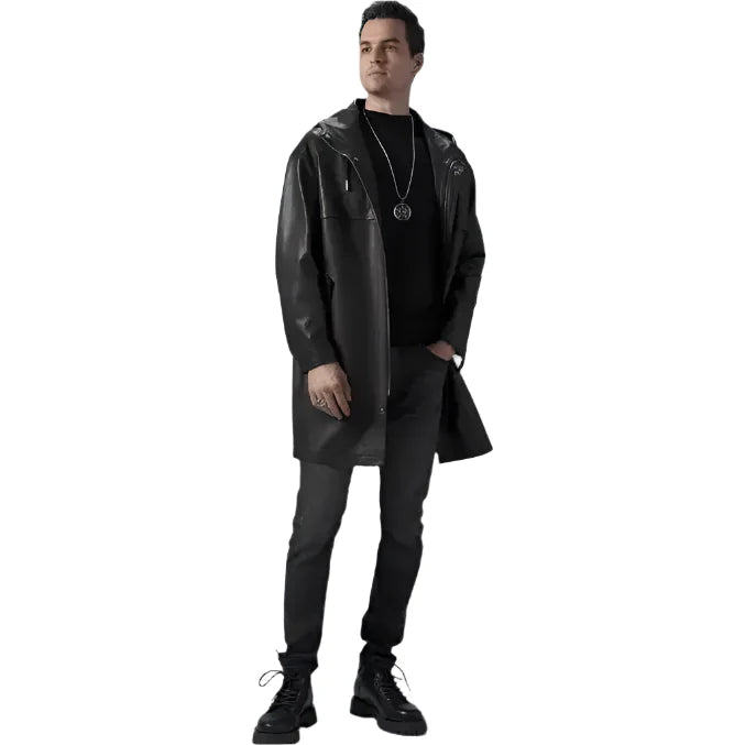 Men’s Black Leather Hooded Coat-4