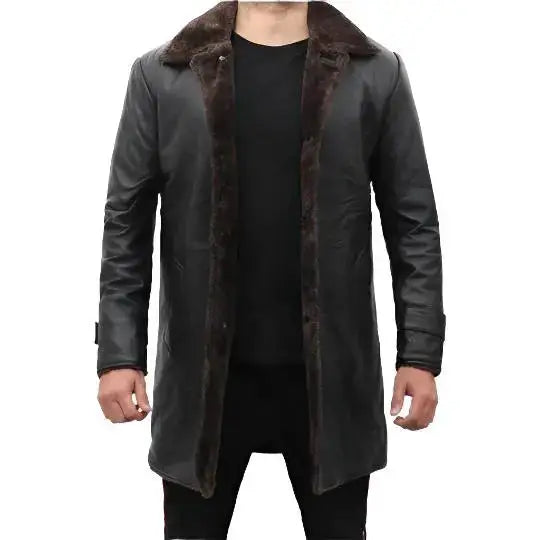 Men’s Shearling-Lined Black Leather Trench Coat-0