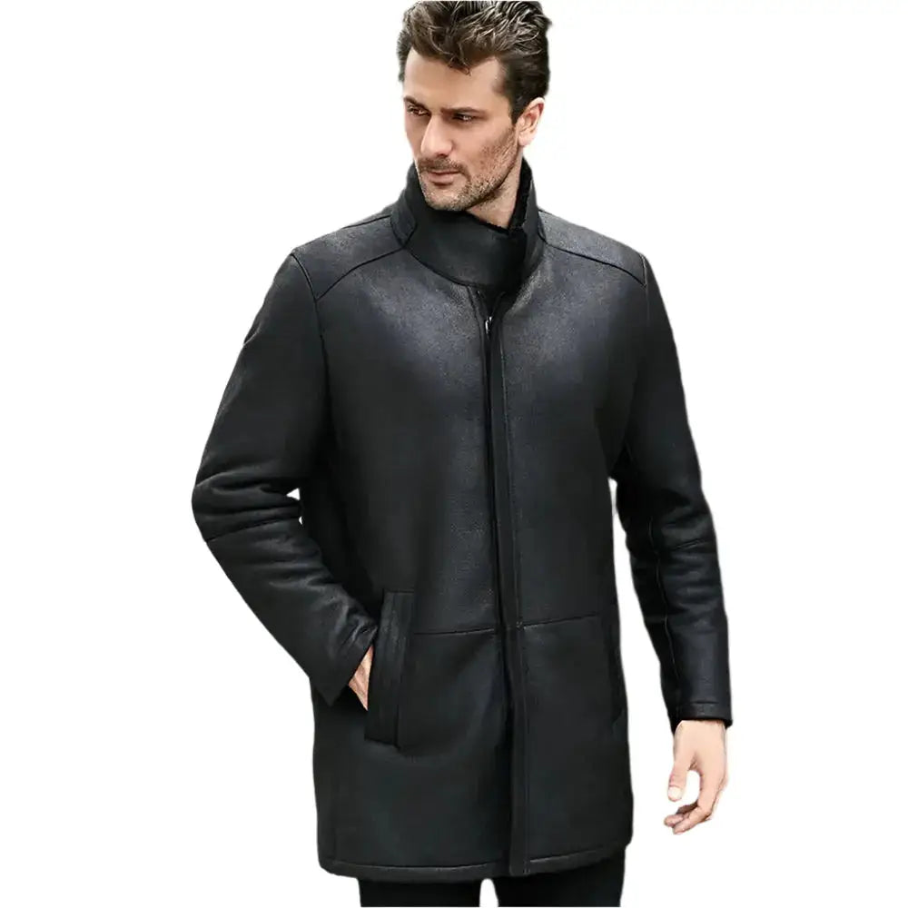 Men’s Stand Collar Black Shearling Long Coat-0