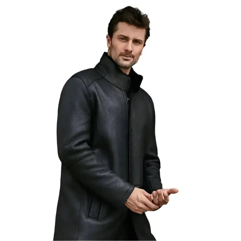 Men’s Stand Collar Black Shearling Long Coat-1