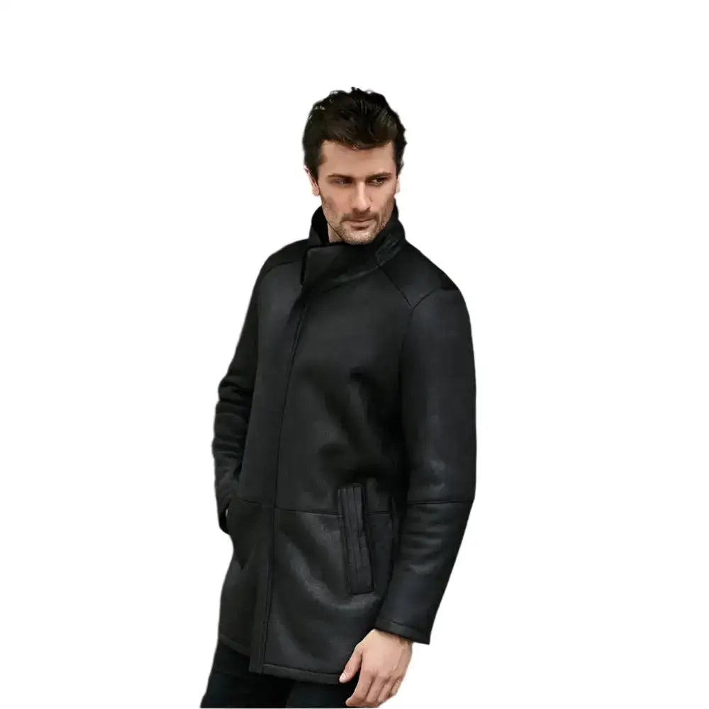 Men’s Stand Collar Black Shearling Long Coat-2