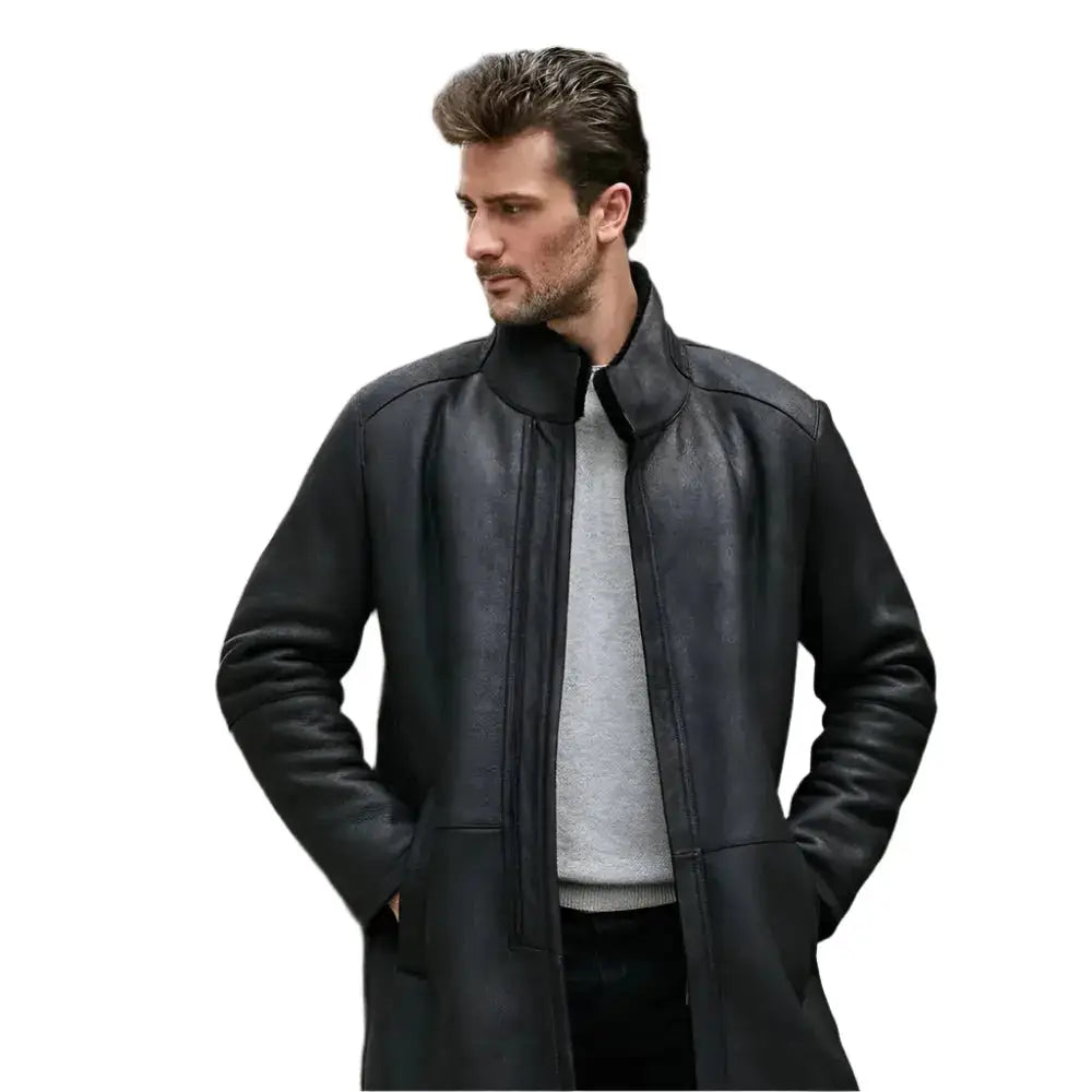 Men’s Stand Collar Black Shearling Long Coat-3