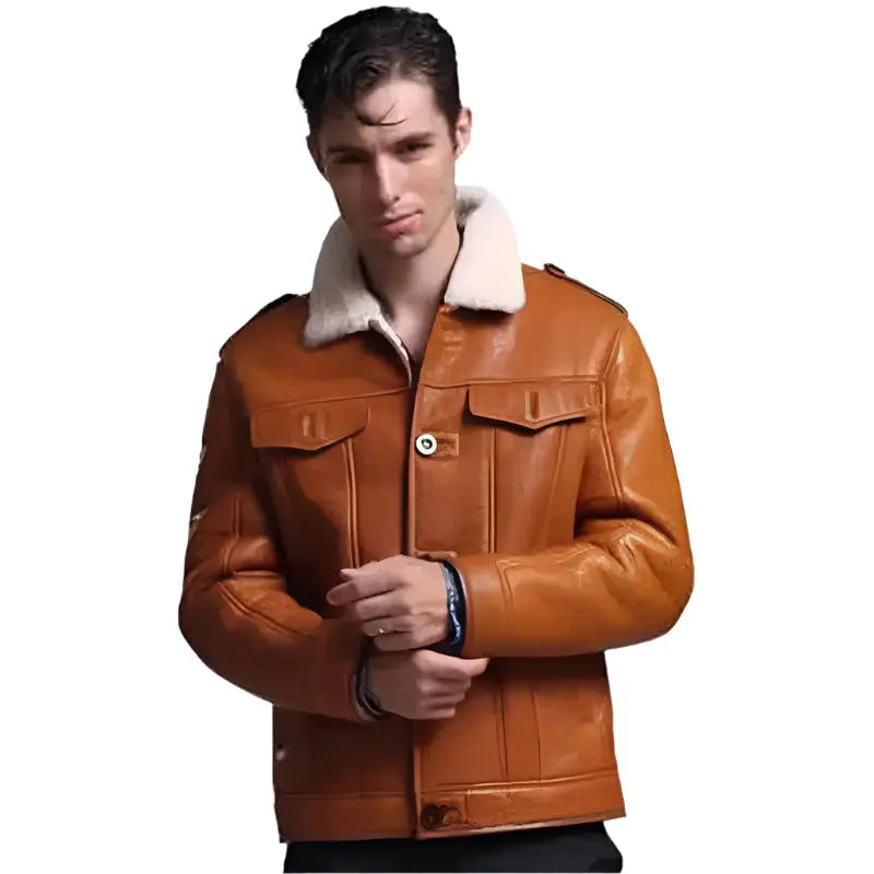 Men’s Tan Sheepskin Shearling Pilot Coat – Winter Style-0
