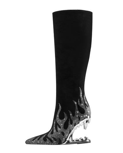 Metallic Flames Bite Heel Black Knee High Boots-5