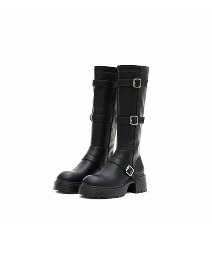 Mid-Calf Leather Boots with Buckles-1
