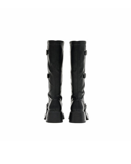 Mid-Calf Leather Boots with Buckles-2