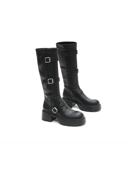 Mid-Calf Leather Boots with Buckles-4