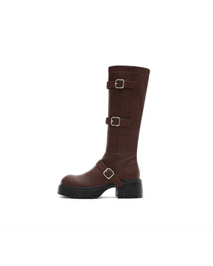 Mid-Calf Leather Boots with Buckles-5