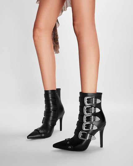 Multi Buckle Strap Black Leather Pointed Ankle Boots-0