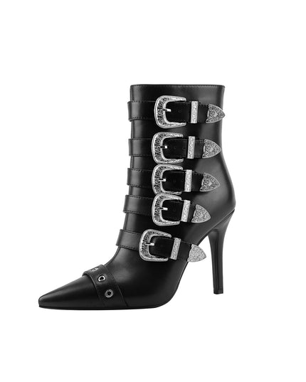 Multi Buckle Strap Black Leather Pointed Ankle Boots-2