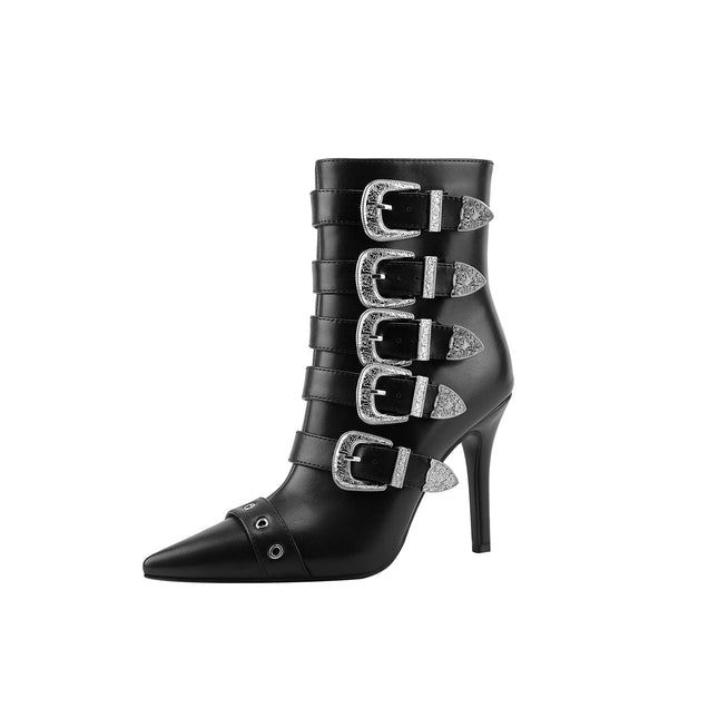 Multi Buckle Strap Black Leather Pointed Ankle Boots-2