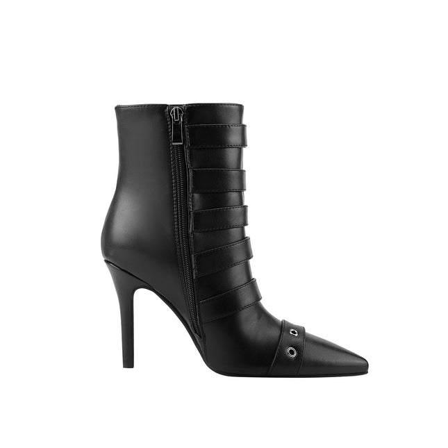Multi Buckle Strap Black Leather Pointed Ankle Boots-3