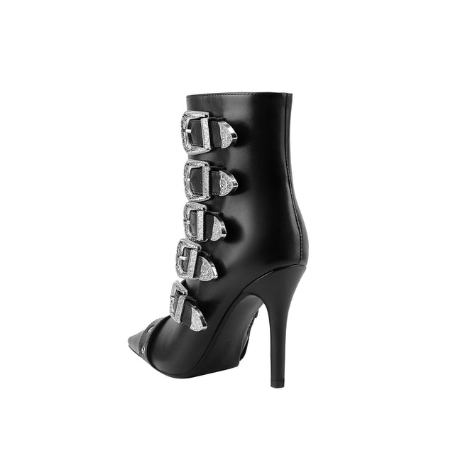 Multi Buckle Strap Black Leather Pointed Ankle Boots-4