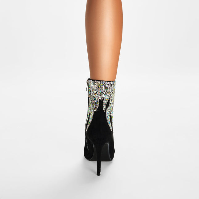 Multi Color Gem Encrusted Flame Black Ankle Boots-1