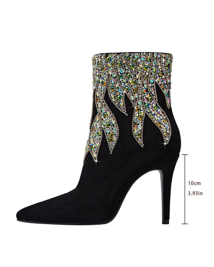 Multi Color Gem Encrusted Flame Black Ankle Boots-2