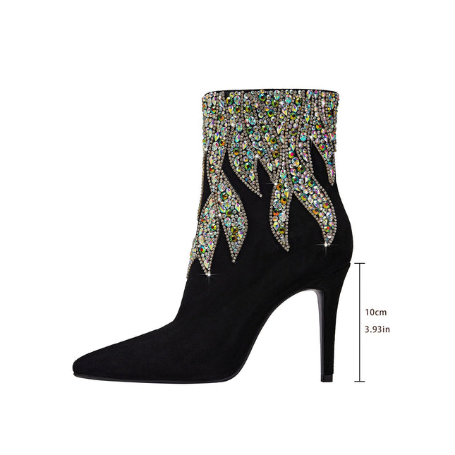 Multi Color Gem Encrusted Flame Black Ankle Boots-2