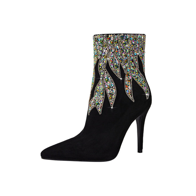Multi Color Gem Encrusted Flame Black Ankle Boots-3