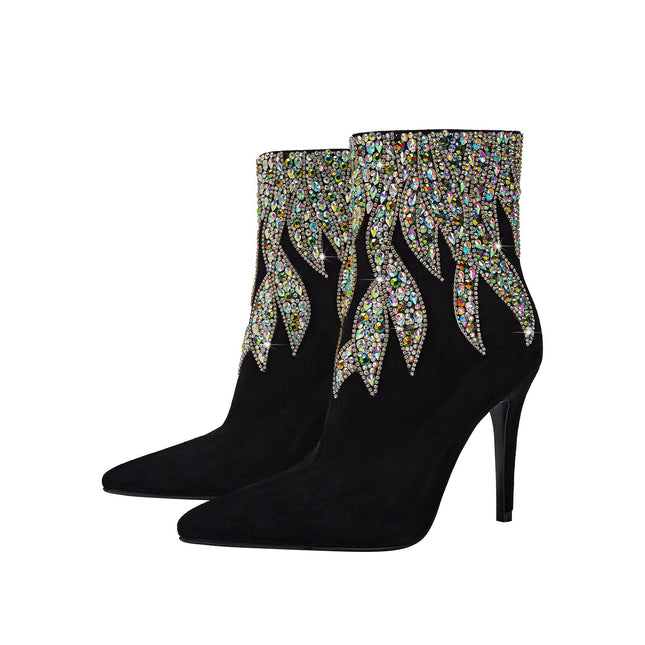 Multi Color Gem Encrusted Flame Black Ankle Boots-4
