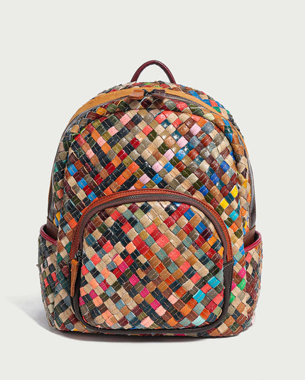 Multicolor Woven Leather School Backpack-0