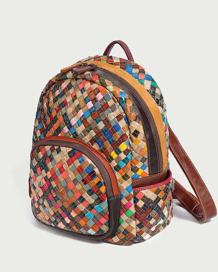 Multicolor Woven Leather School Backpack-2