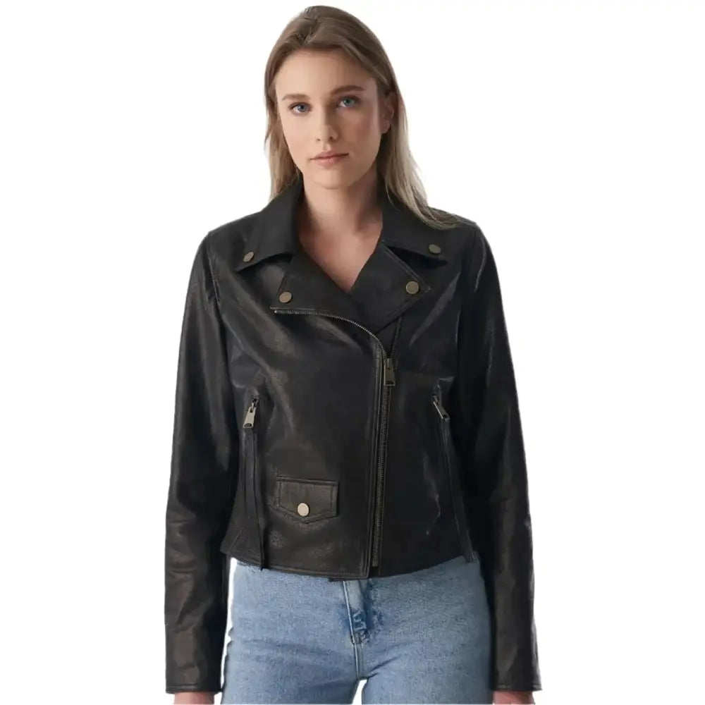 Women’s Natural Grain Black Biker Jacket-0