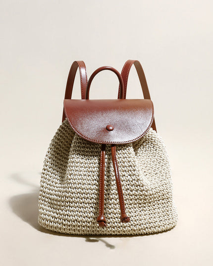 Natural White Cotton Woven Backpack with Leather Straps-0