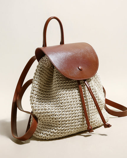 Natural White Cotton Woven Backpack with Leather Straps-1