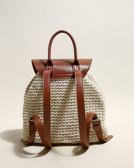Natural White Cotton Woven Backpack with Leather Straps-2
