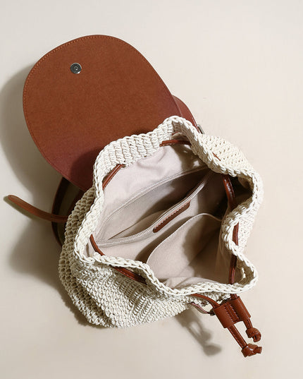 Natural White Cotton Woven Backpack with Leather Straps-3