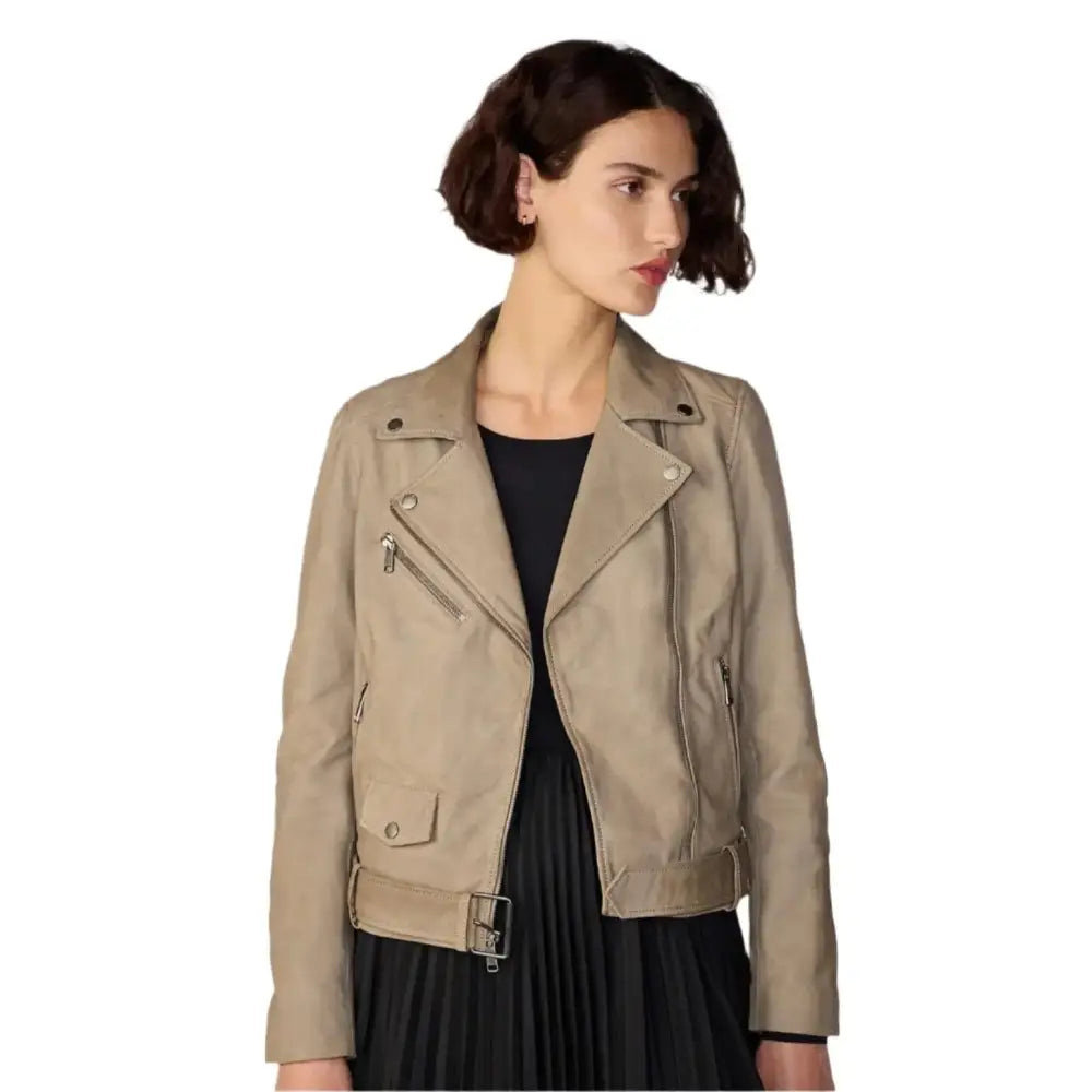 Women’s Tan Beige Suede Biker Jacket-2