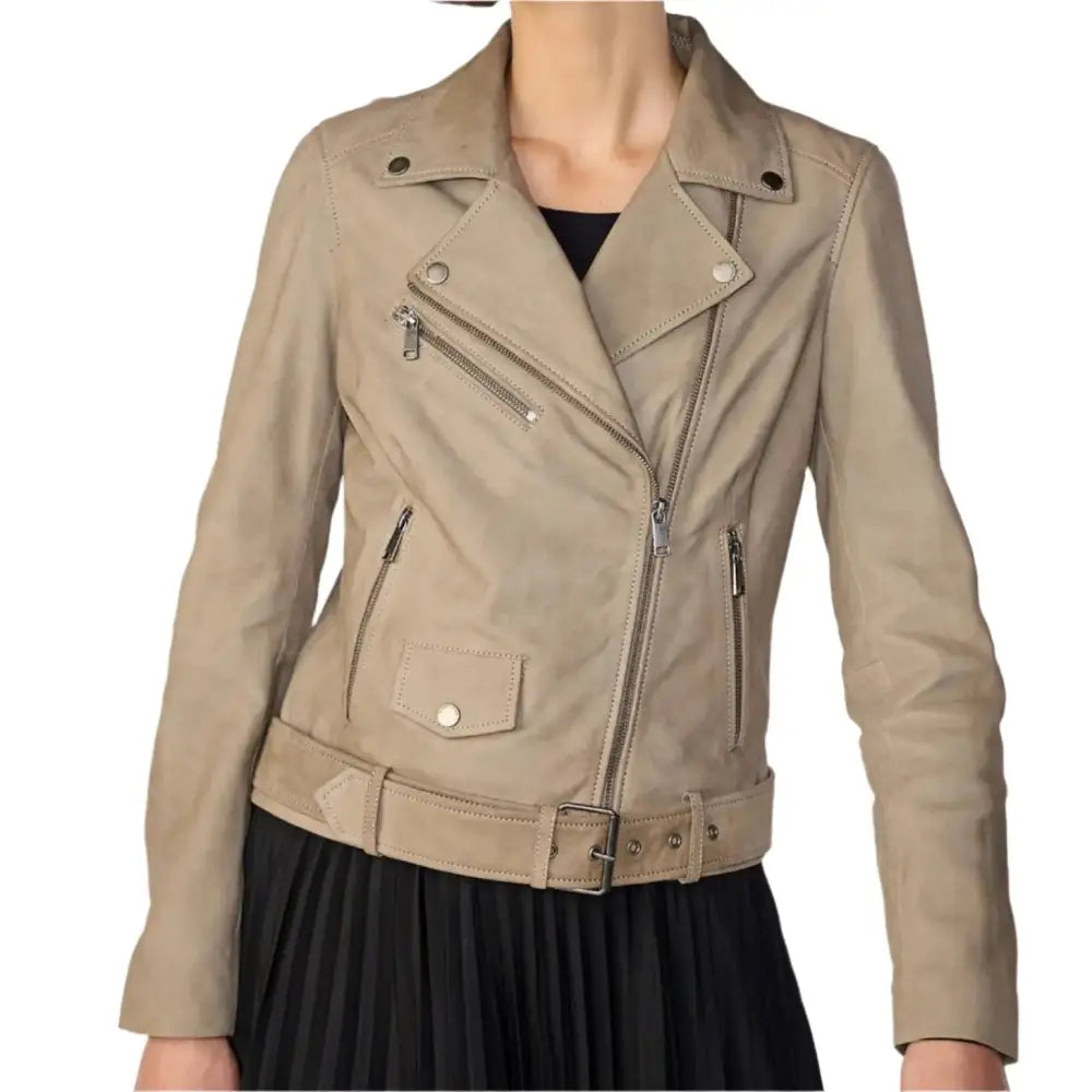 Women’s Tan Beige Suede Biker Jacket-0