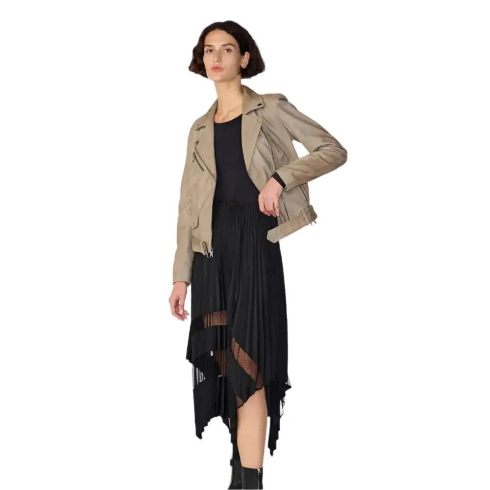 Women’s Tan Beige Suede Biker Jacket-3