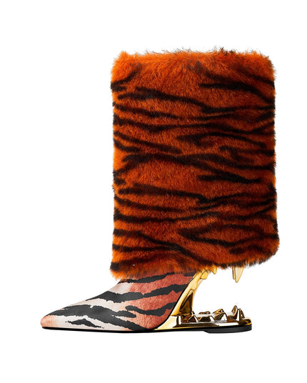 Orange Tiger Fur Wrap Bite Heel Ankle Boots-0