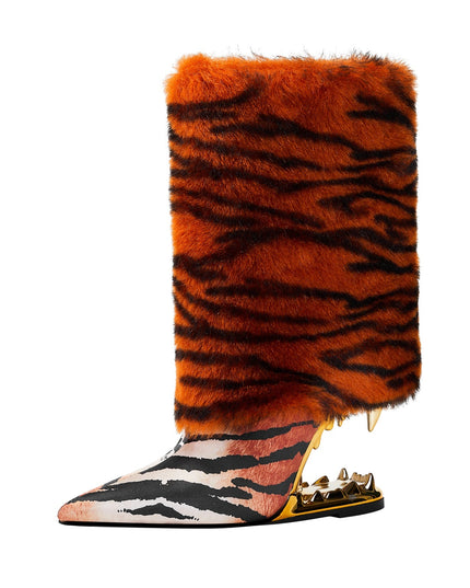 Orange Tiger Fur Wrap Bite Heel Ankle Boots-3