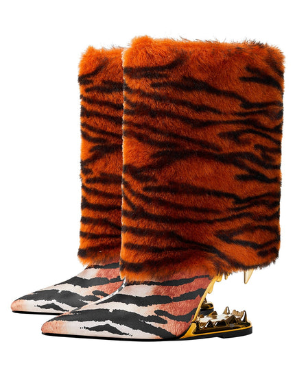 Orange Tiger Fur Wrap Bite Heel Ankle Boots-4