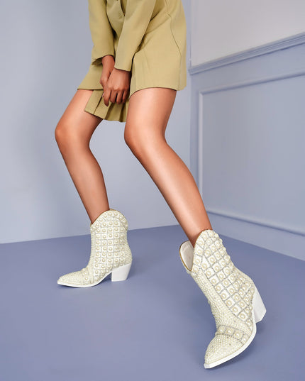 Pearl Embellished White Cowgirl Boots-0