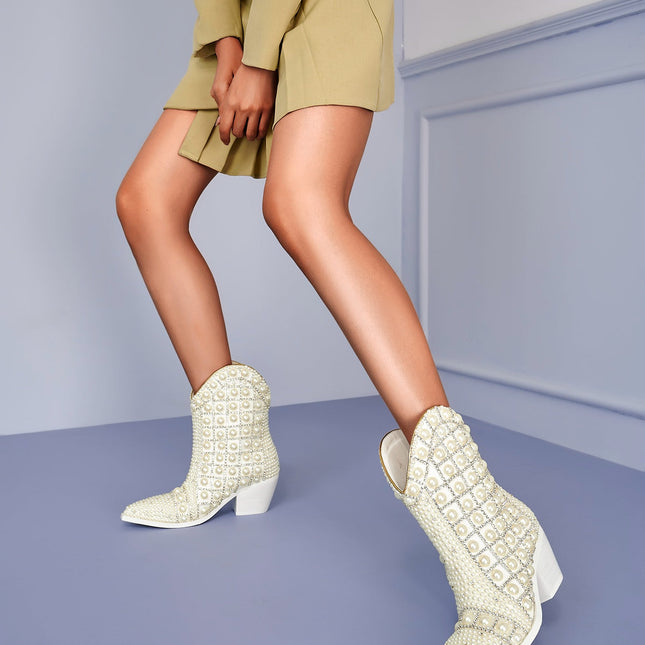 Pearl Embellished White Cowgirl Boots-0