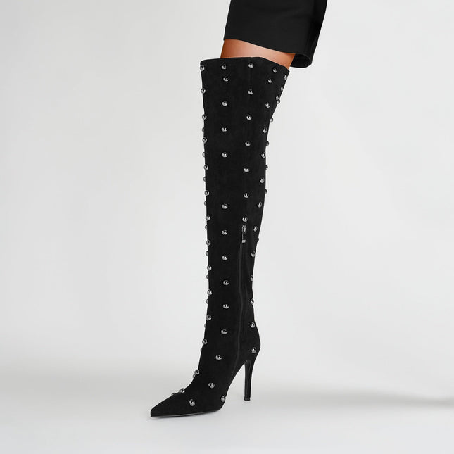 Pointed Toe Bead Rivet Knee High Boots-1