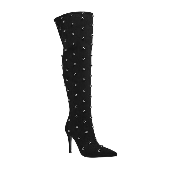 Pointed Toe Bead Rivet Knee High Boots-2