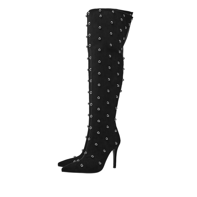 Pointed Toe Bead Rivet Knee High Boots-3