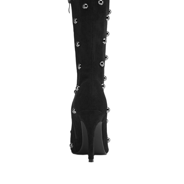 Pointed Toe Bead Rivet Knee High Boots-4