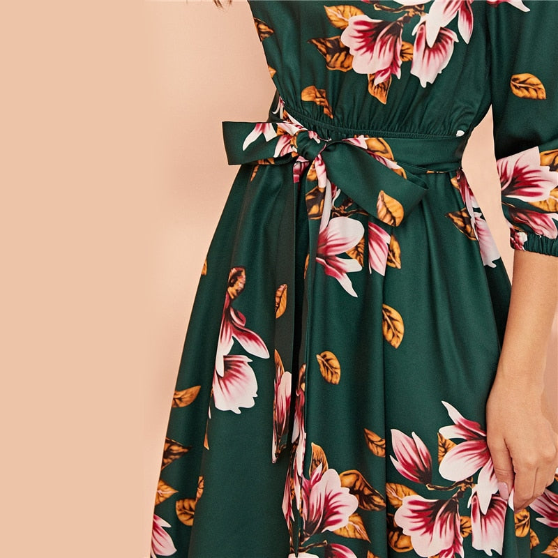 Green Abaya Elastic Waist Belted Floral High Waist Dress Women Spring Autumn Bishop Sleeve Flared Elegant Long Dresses-1