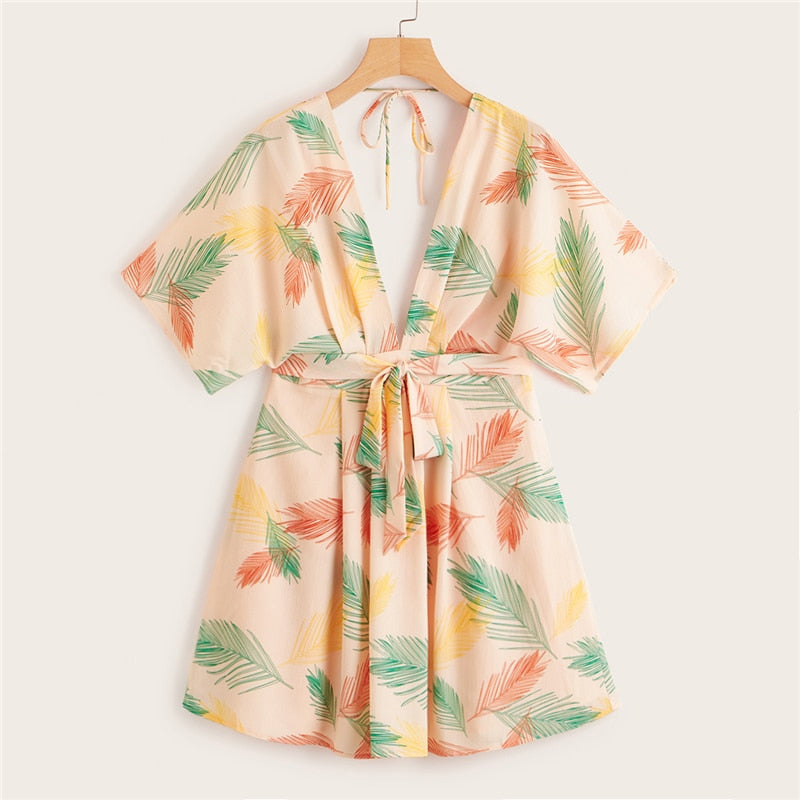 Plunge Neck Tied Open Back Tropical Dress Deep V Neck Fit and Flare Women Dresses Short Sleeve Summer Dress-2