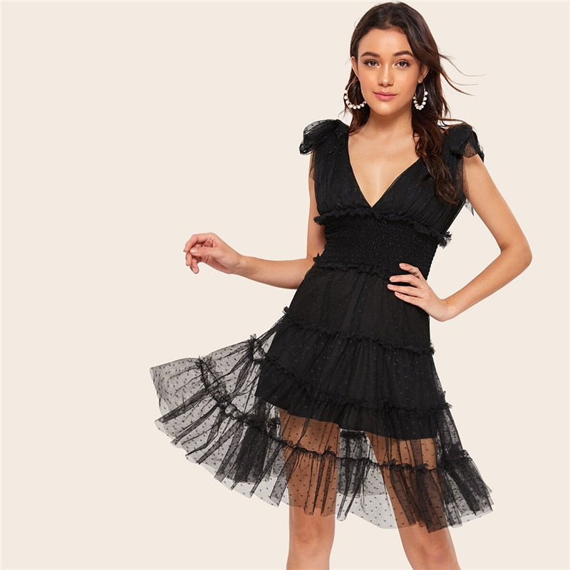 Shoulder Knot Plunging Neck Mesh Lace Dress Women Romantic Sleeveless Deep V Neck Midi Dress A Line Pink Summer Dress-1