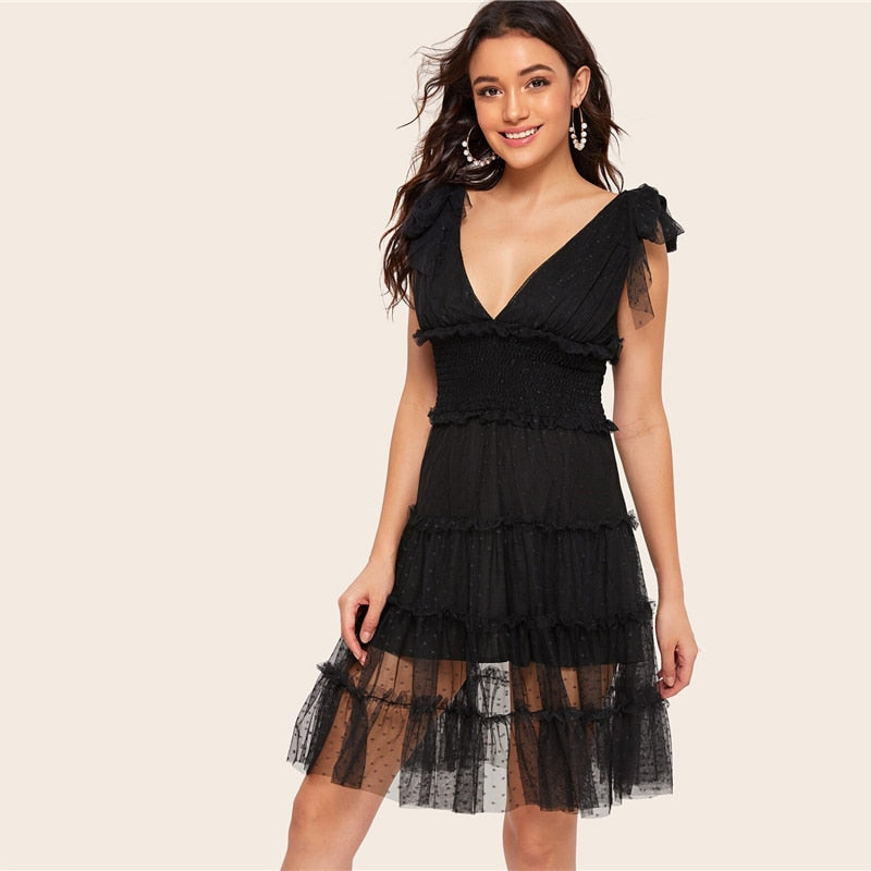 Shoulder Knot Plunging Neck Mesh Lace Dress Women Romantic Sleeveless Deep V Neck Midi Dress A Line Pink Summer Dress-4